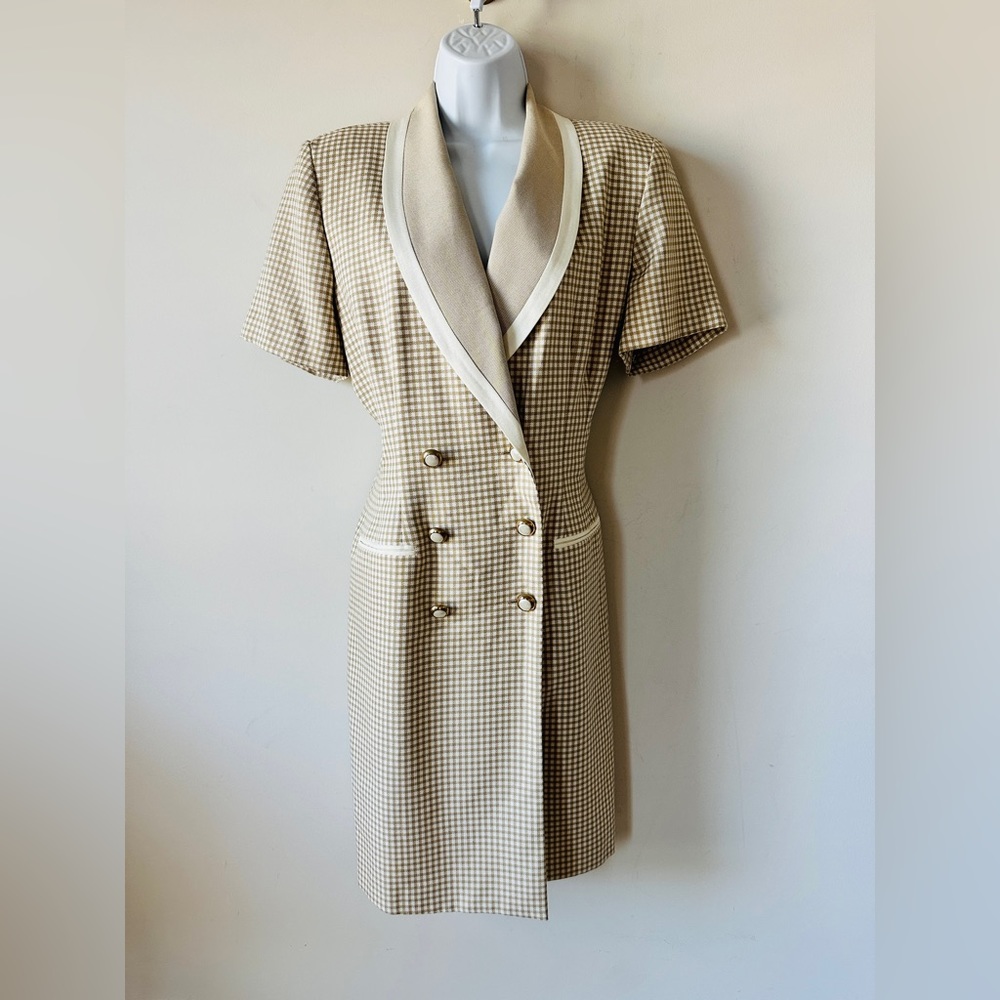 Vintage Tan & Cream Trim Double Breasted Blazer Style Dress Size 12 - Picture 10 of 10